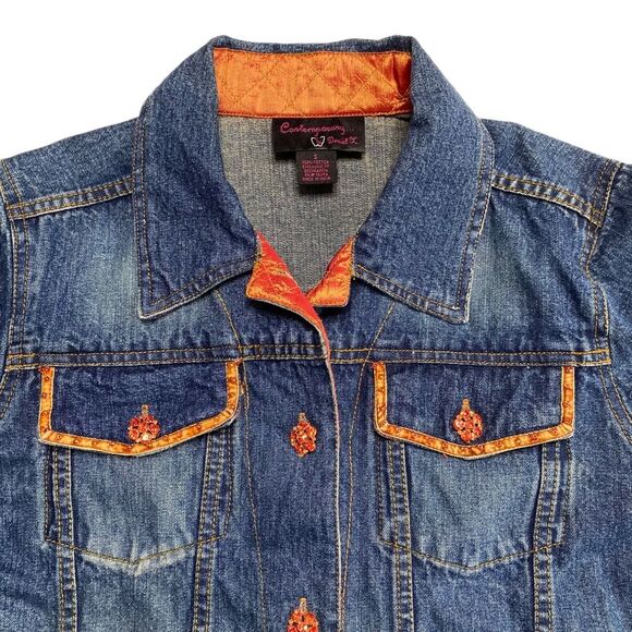 Vintage Bohemian Orange Jewel Button Blue Denim Trucker Jacket Sz S - Picture 12 of 16